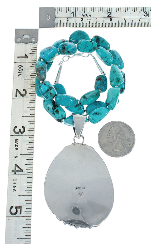 Navajo Turquoise Sterling Silver Bead Necklace And Pendant Set X10850